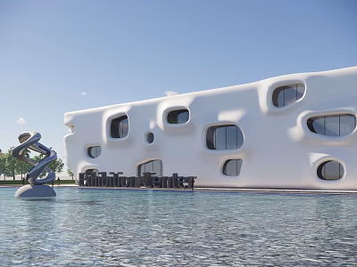 Fukutake Center Library Building With White Exterior Irregular Windows Spiral Sculpture And Water Pool 3d model