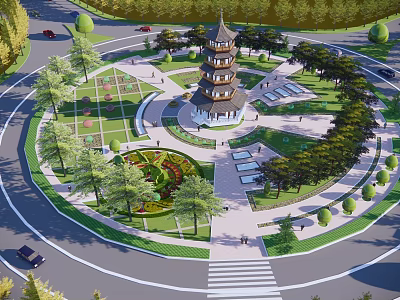 Scenic Circular Plaza Landscape With Pagoda Tower Greenery Trees Flower Beds Walkways And Seats 3d model