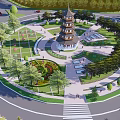 Scenic Circular Plaza Landscape With Pagoda Tower Greenery Trees Flower Beds Walkways And Seats