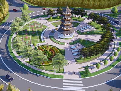 Chinese style square outdoor landscape wide view 3d model