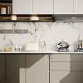 Modern Kitchen Interior Design With Gray Cabinets Marble Backsplash Countertop And Appliances