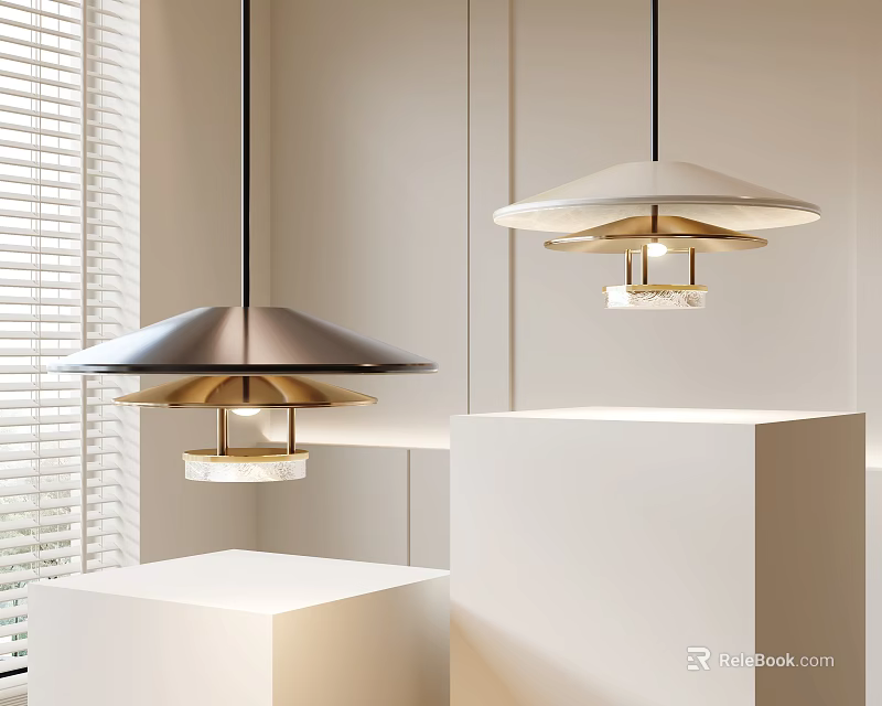 Modern Pendant Lights with Metal Shades and Marble Accents in Minimal Interior with White Pedestals 3d model 