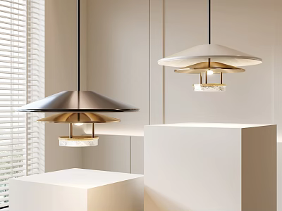 Modern Pendant Lights with Metal Shades and Marble Accents in Minimal Interior with White Pedestals 3d model