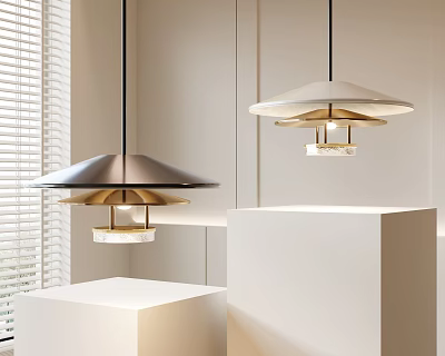 Modern Pendant Lights with Metal Shades and Marble Accents in Minimal Interior with White Pedestals 3d model