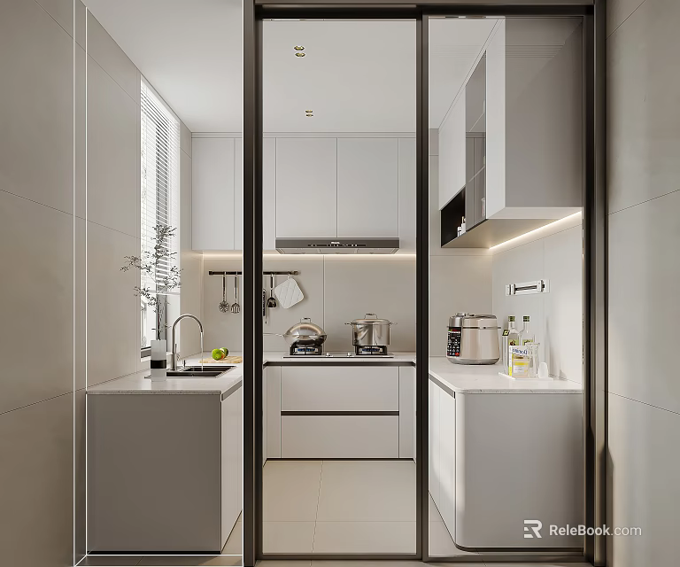 Sleek Modern Kitchen Interior Design With White Cabinets Countertop Sink And Appliances 3d model 