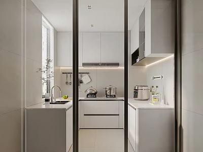 Sleek Modern Kitchen Interior Design With White Cabinets Countertop Sink And Appliances 3d model