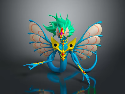 Colorful Fantasy Creature With Green Spiky Mane Blue Serpentine Body And Colorful Patterned Wings 3d model