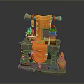 Decorative Furniture Shelf With Orange Cloth Scroll Potted Plant And Decorative Bottle