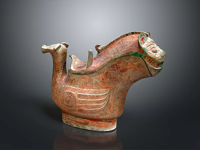 Ancient Ceramic Animal Shaped Vessel With Carved Patterns And Green Accents 3d model