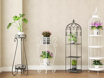 Indoor Decorative Iron Plant Stands With Various Designs And Potted Plants 3d model