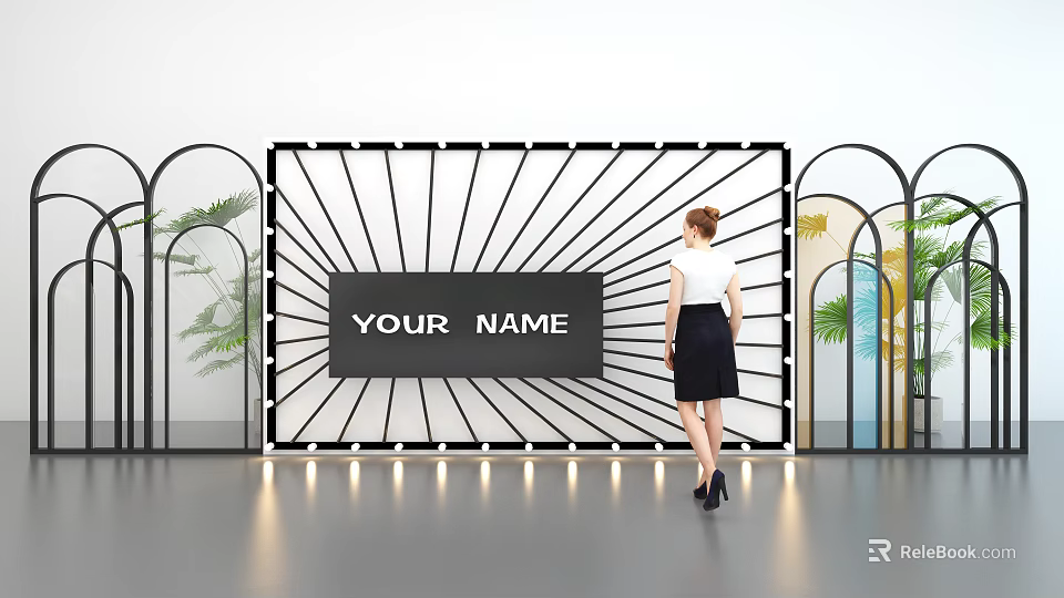 Contemporary Art Installation With Radial Lines Central Text Arched Frames Green Plants And Standing Woman 3d model 