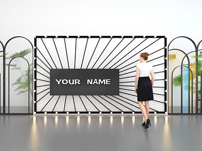 Contemporary Art Installation With Radial Lines Central Text Arched Frames Green Plants And Standing Woman 3d model