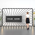 Contemporary Art Installation With Radial Lines Central Text Arched Frames Green Plants And Standing Woman