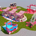 Vibrant Event Entrance Featuring Red And White Checkered Tents On Grass With Pink Flower Decorations