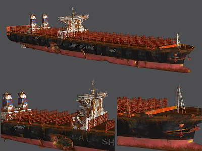 Rusty Old Cargo Ship Displayed In Various Angles With Containers 3d model