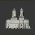 Historic Building Model With Two Spired Towers Circular Structure And Grass Base With Small Shrubs