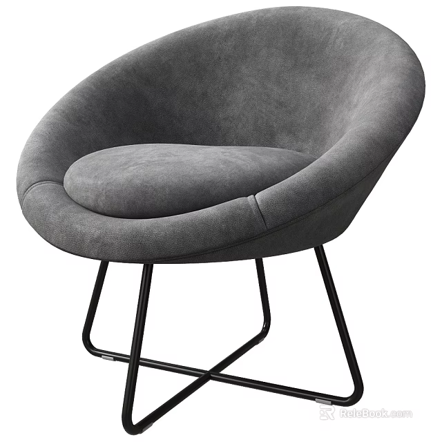 Modern Gray Velvet Leisure Chair With Rounded Seat And Black Metal Legs 3d model 