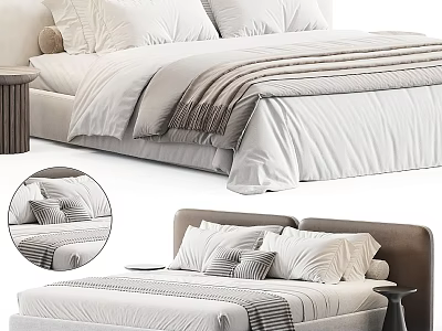Modern Double Bed With Multiple Pillows Striped Blanket And Wooden Nightstand 3d model