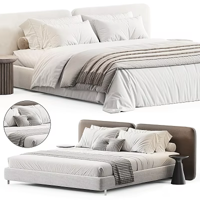Modern Double Bed With Multiple Pillows Striped Blanket And Wooden Nightstand 3d model