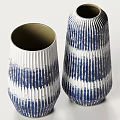 Two Blue And White Striped Textured Ceramic Vases With Decorative Design 3d model