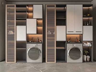 Modern Bathroom Cabinet Rack With Wooden Design Storage Space Washing Machine And Towels 3d model