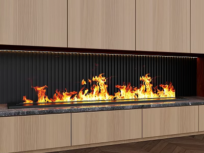 Modern Interior Fireplace With Wooden Cabinets Black Slats And Flames 3d model