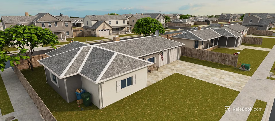 Aerial Planning of Residential Neighborhood With Gray Roofs White Houses Lawns and Trees 3d model 