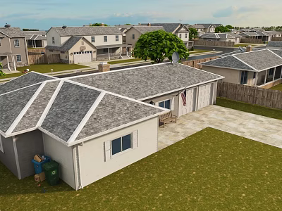 Aerial Planning of Residential Neighborhood With Gray Roofs White Houses Lawns and Trees 3d model