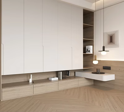 White Modern Minimalist Wardrobe With Multiple Doors Wooden Shelves And Drawers 3d model