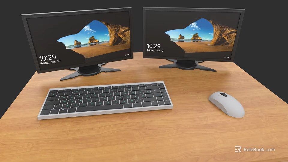 Wooden Office Desk With Dual Monitors Scenic Background Keyboard And Mouse 3d model 