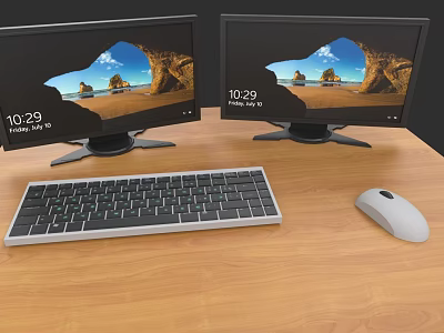 Wooden Office Desk With Dual Monitors Scenic Background Keyboard And Mouse 3d model