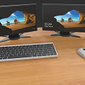 Wooden Office Desk With Dual Monitors Scenic Background Keyboard And Mouse