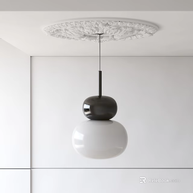 Modern Black And White Pendant Light With Two Spherical Shades Hanging From Ceiling Medallion 3d model 