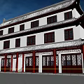 Ancient Traditional Chinese Architecture Two Story With Overhanging Eaves Red Pillars And Tile Roof