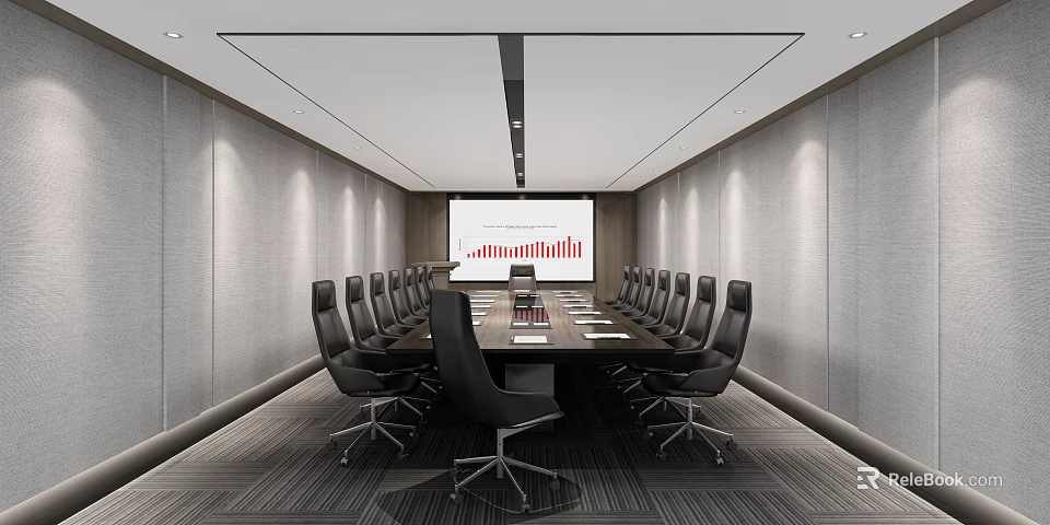 Modern Conference Room Interior With Long Table Black Chairs And Large Presentation Screen 3d model