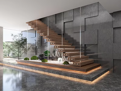 Modern Staircase Interior With Wooden Steps Glass Railing Gray Walls Greenery Marble Floor And Lighting 3d model