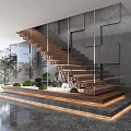 Modern Staircase Interior With Wooden Steps Glass Railing Gray Walls Greenery Marble Floor And Lighting