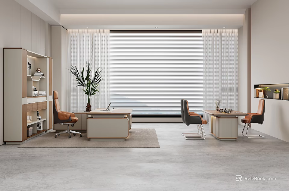 Modern Office Interior With Desks Chairs Plant Bookshelf And Large Window Blinds 3d model 