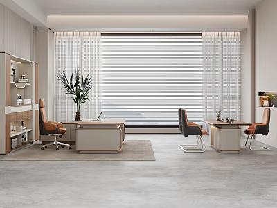 Modern Office Interior With Desks Chairs Plant Bookshelf And Large Window Blinds 3d model