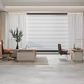 Modern Office Interior With Desks Chairs Plant Bookshelf And Large Window Blinds