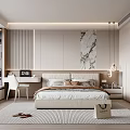 Modern Minimalist Bedroom Interior With Bedhead Background Marble Painting Desk Green Plant And Rug