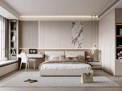 Modern Minimalist Bedroom Interior With Bedhead Background Marble Painting Desk Green Plant And Rug 3d model