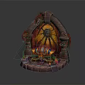 Cartoon Scene With Arched Structure Green Vines Glowing Wheel Character On Cannon Object And Flames