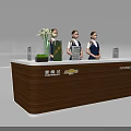 Chevrolet Information Reception Desk with Brown White Design Vase Green Plant and Staff