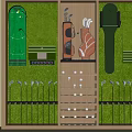 Golf Course Equipment Storage Area with Organized Clubs Bags and Balls