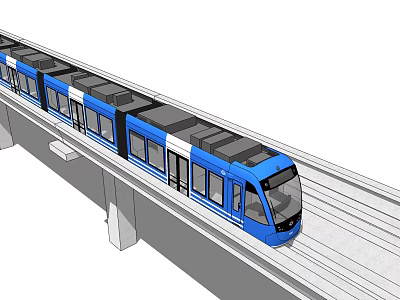 Blue High-Speed Train with Modern Design and Multiple Carriages on Elevated Railway Track 3d model