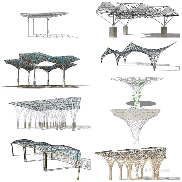 Various Modern Pergola Architectural Designs With Steel Frame And Grid Canopy Structures 3d model 