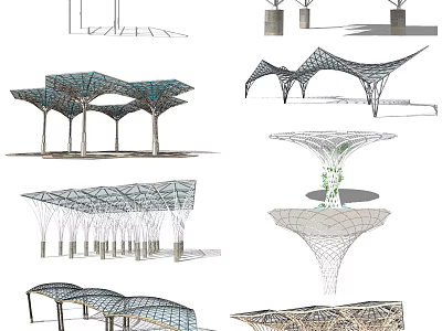 Various Modern Pergola Architectural Designs With Steel Frame And Grid Canopy Structures 3d model