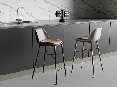 Modern Kitchen With Stylish Gray Brown Bar Stools Black Legs And Marble Wall Dark Cabinets 3d model