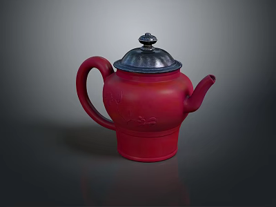 Elegant Red Teapot With Silver Lid And Carved Patterns On Dark Background 3d model